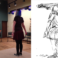 Photo from Eau Claire Artist's Drawing Night event with a model with a skateboard on her head!